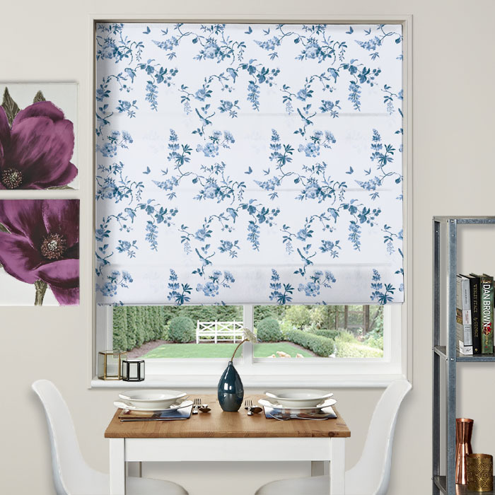 Electric Roman Blind in Birds And Roses Blue