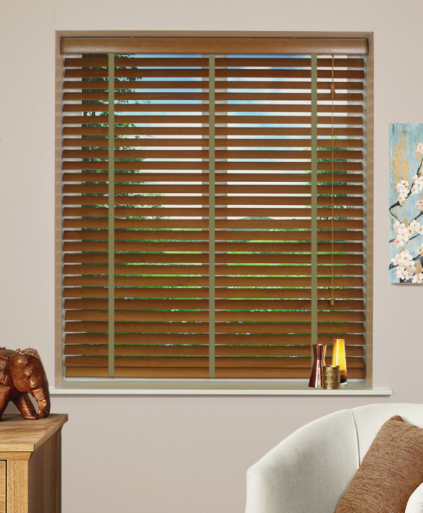 Pecan Wood Venetian Blind With Olive Tape