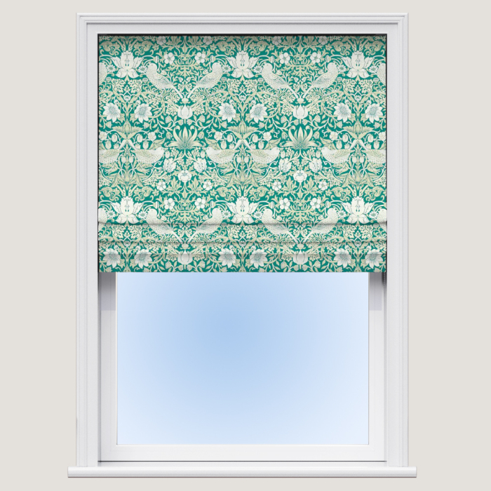 Roman Blind in Strawberry Thief Jacquard Teal