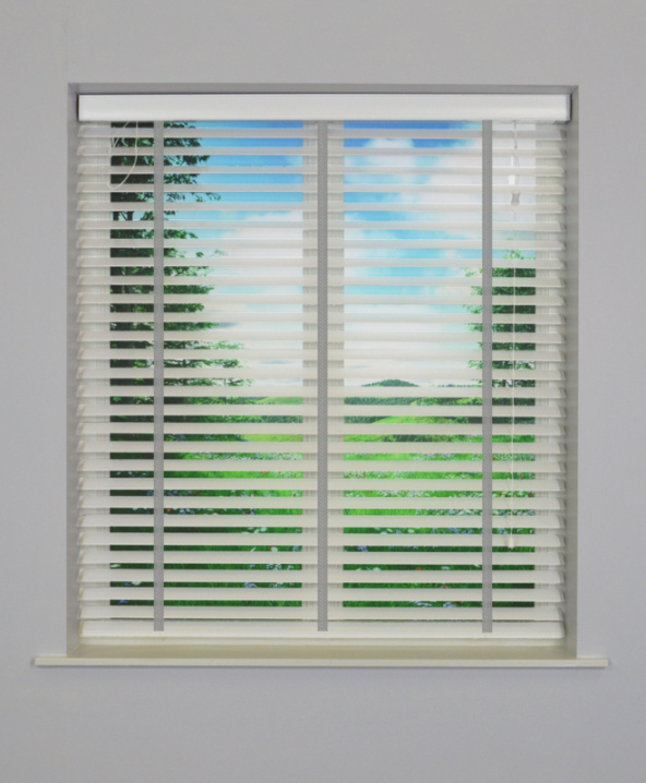 White Wooden Venetian Blind With Dark Grey Tape