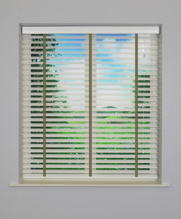 White Wooden Venetian Blind With Olive Tape