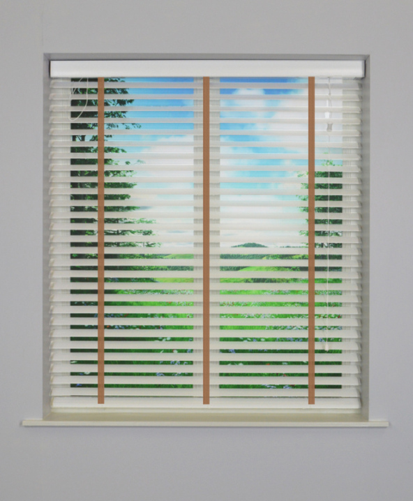 White Wooden Venetian Blind With Pecan Tape