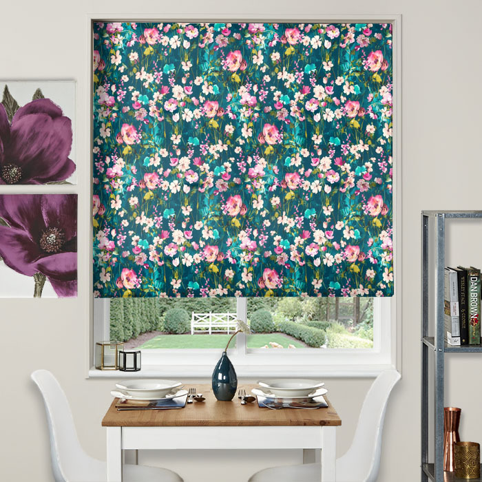 Electric Roman Blind in Wild Meadow Kingfisher