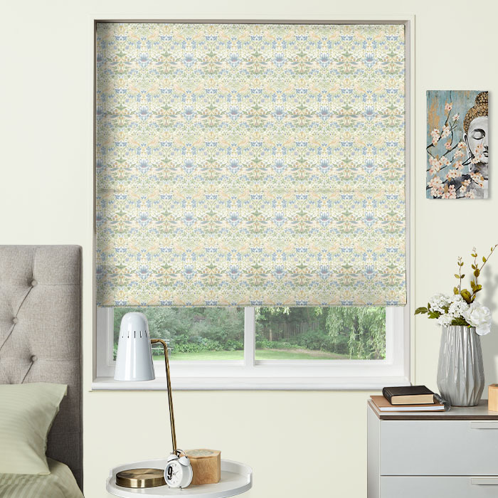 Roman Blind in Strawberry Thief Apple Blush