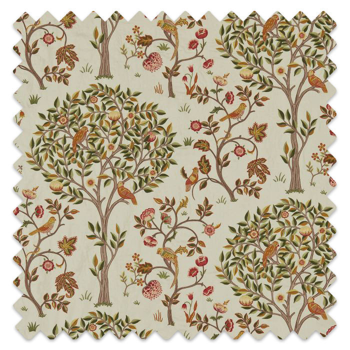 Swatch of Kelmscott Tree Embroidery Russet/Artichoke