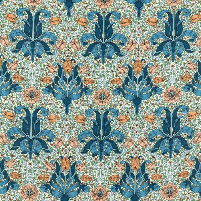 Spring Thicket Paradise Blue/Peach Fabric by Morris & Co