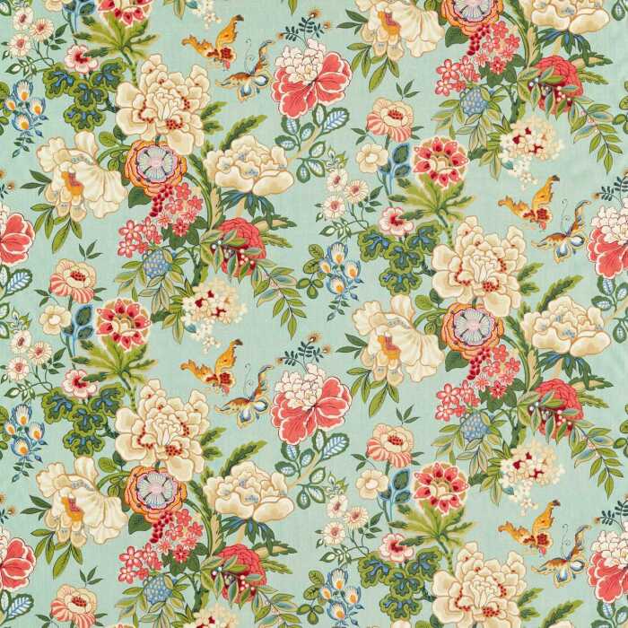 Emperor Peony Jade/Apricot Fabric by Sanderson
