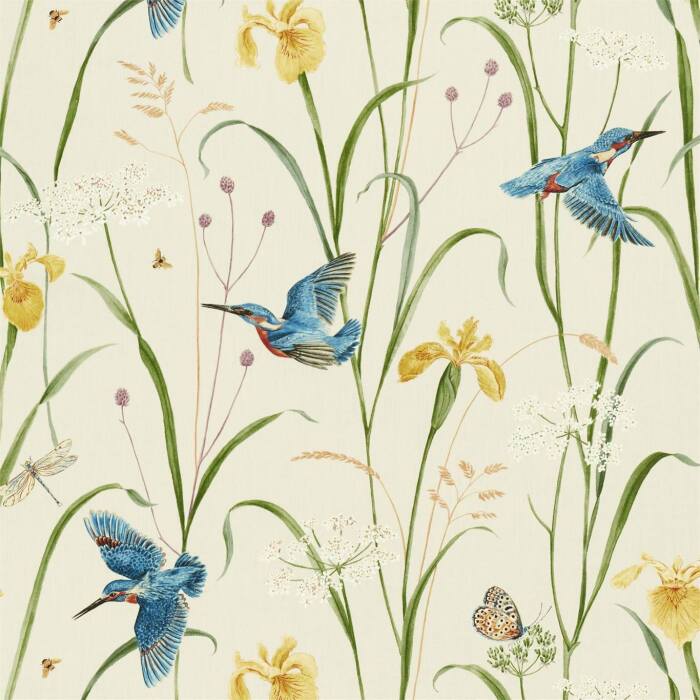 Kingfisher & Iris Azure/Linen Fabric by Sanderson