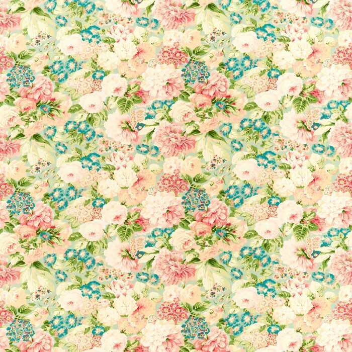 Rose & Peony Sage/Coral Fabric by Sanderson