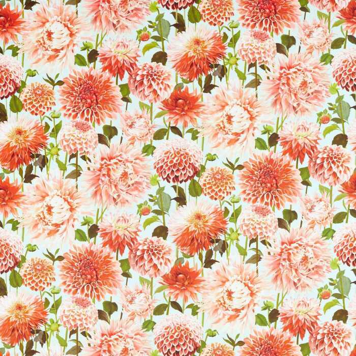 Dahlia Coral Fig Sky Fabric by Harlequin