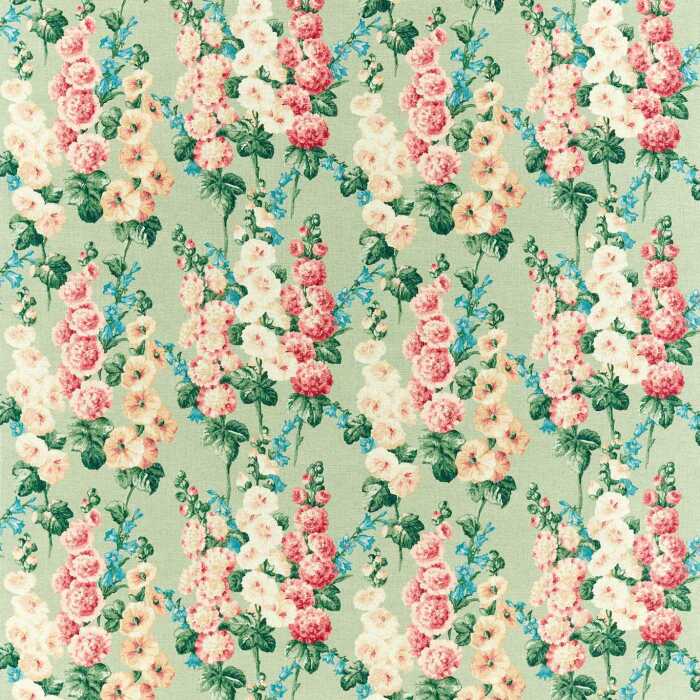 Hollyhocks Sage/Rose Fabric by Sanderson