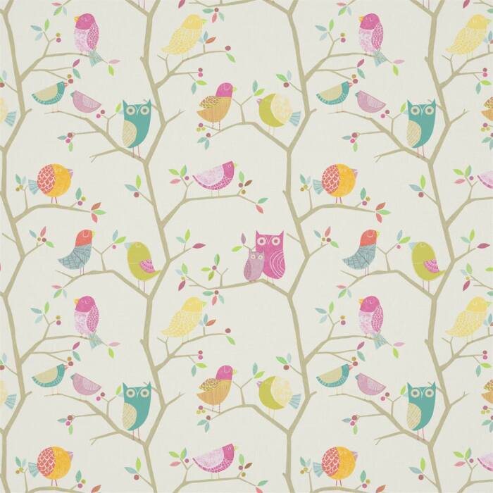What A Hoot Pink Aquamarine Lime And Natural Fabric by Harlequin