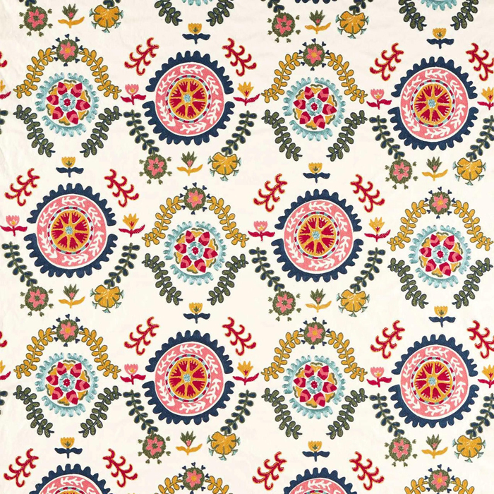 Annabels Suzani Embroidery Sapphire Ruby Fabric by Sanderson