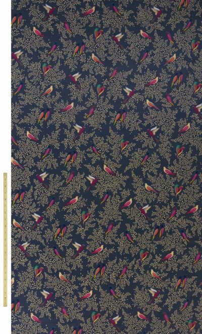 Deep Navy Birds Velvet Fabric