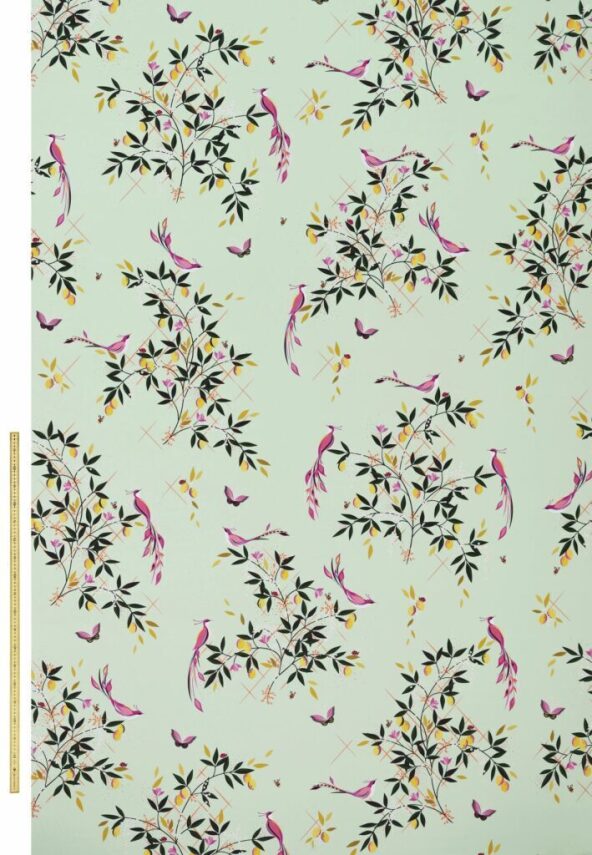 Bird And Trellis Sateen Duckegg Fabric by Sara Miller