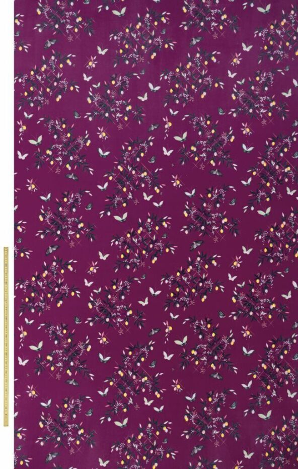 Butterflies And Trellis Velvet Purple Fabric by Sara Miller