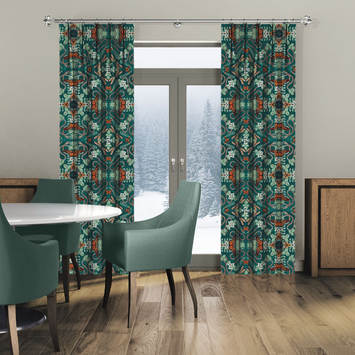 Curtains in Emerald Forest Teal Jacquard by Clarke And Clarke