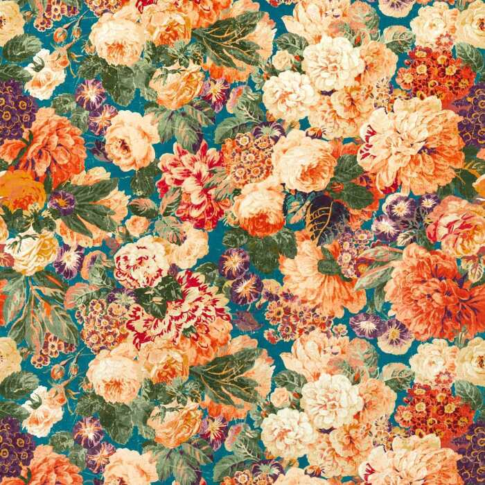 Very Rose And Peony Kingfisher/Rowan Berry Fabric by Sanderson