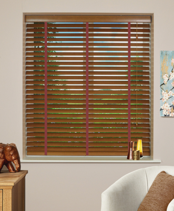 Pecan Wood Venetian Blind With Rust Tape