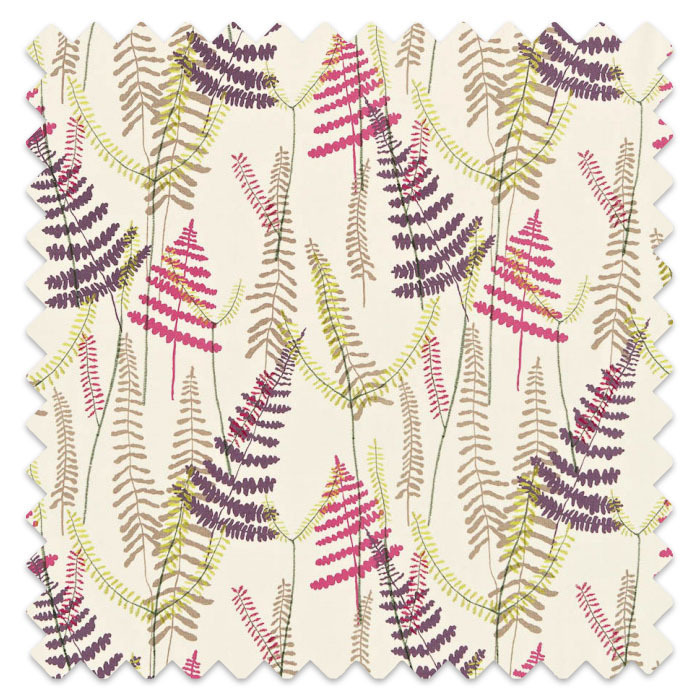 Swatch of Athyrium Plum Fuchsia Linen Lime by Scion