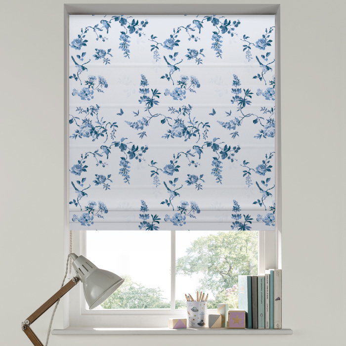 Roman Blind in Birds And Roses Blue