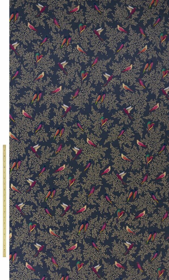 Deep Navy Birds Velvet Fabric by Sara Miller