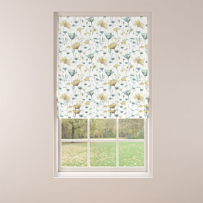 Roman Blind in Elmley Ochre Teal by Belfield Home
