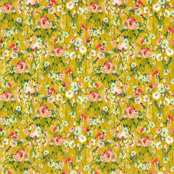 Wild Meadow Ochre Velvet Fabric by Clarke And Clarke