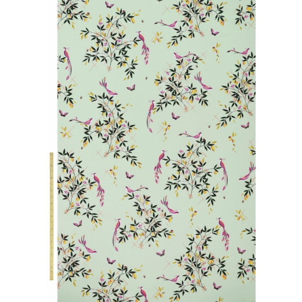 Bird And Trellis Sateen Duckegg Fabric by Sara Miller
