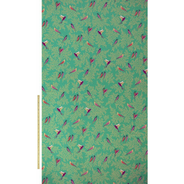 Green Birds Sateen Fabric by Sara Miller
